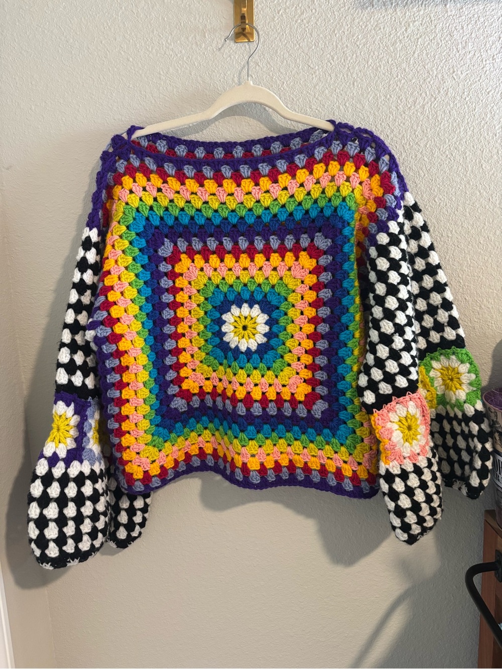 Handmade Multicolor Crochet Square Sweater - Vibrant Rainbow